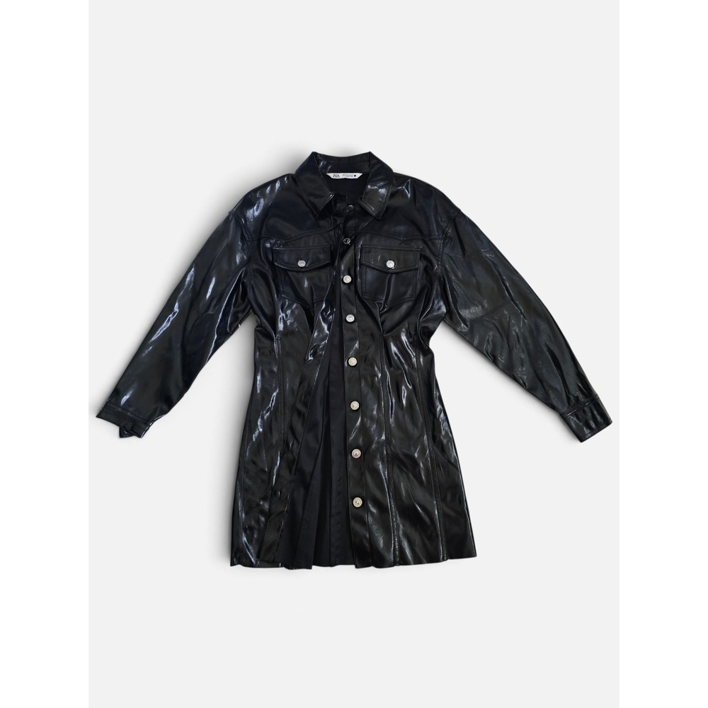 Zara Black Faux Leather Glossy Shirt Dress Patent Sleek Mini Button Front XS